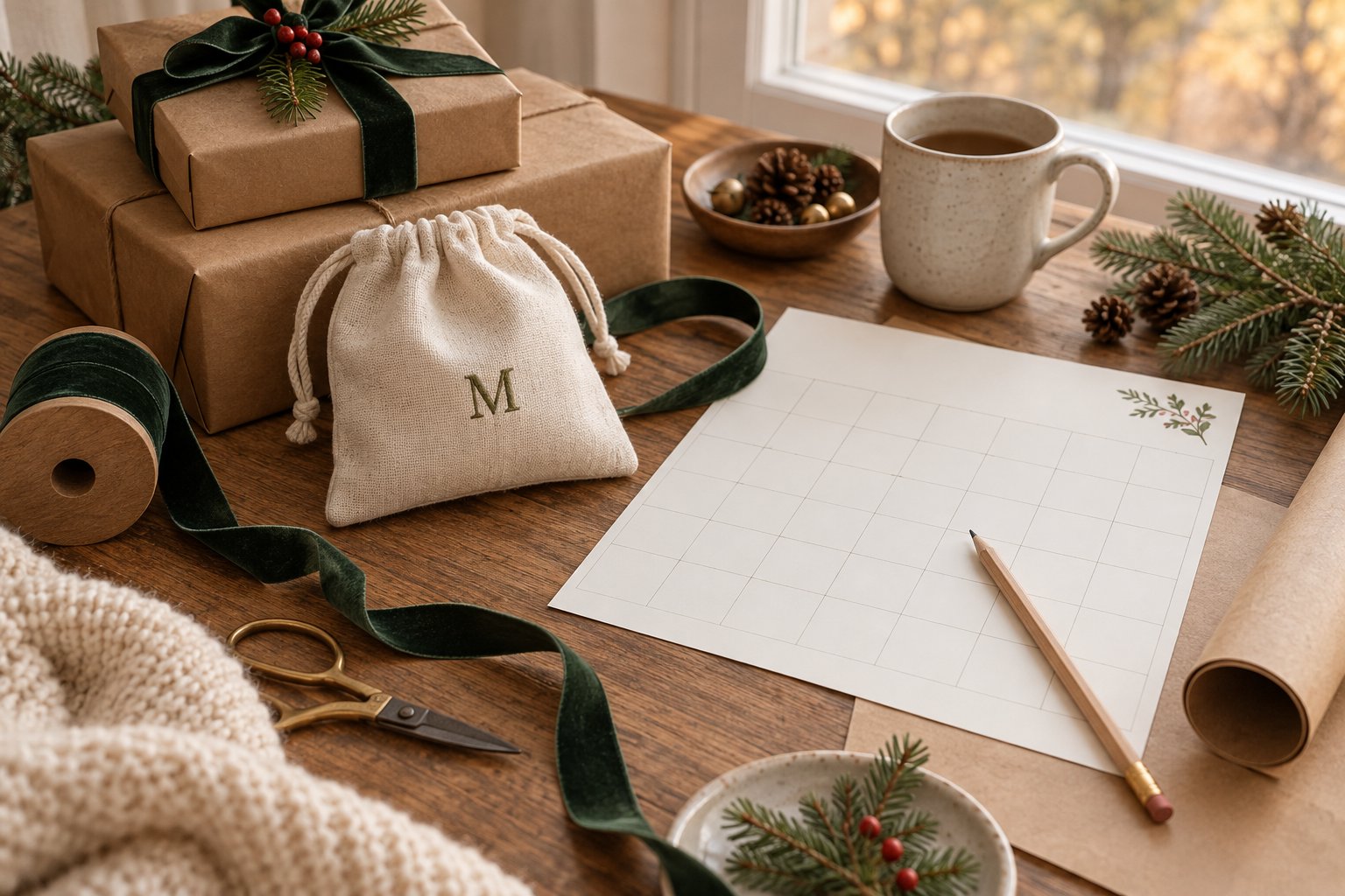 Illustration of a monogrammed pouch, wrapped gifts, and a blank planning calendar on a desk