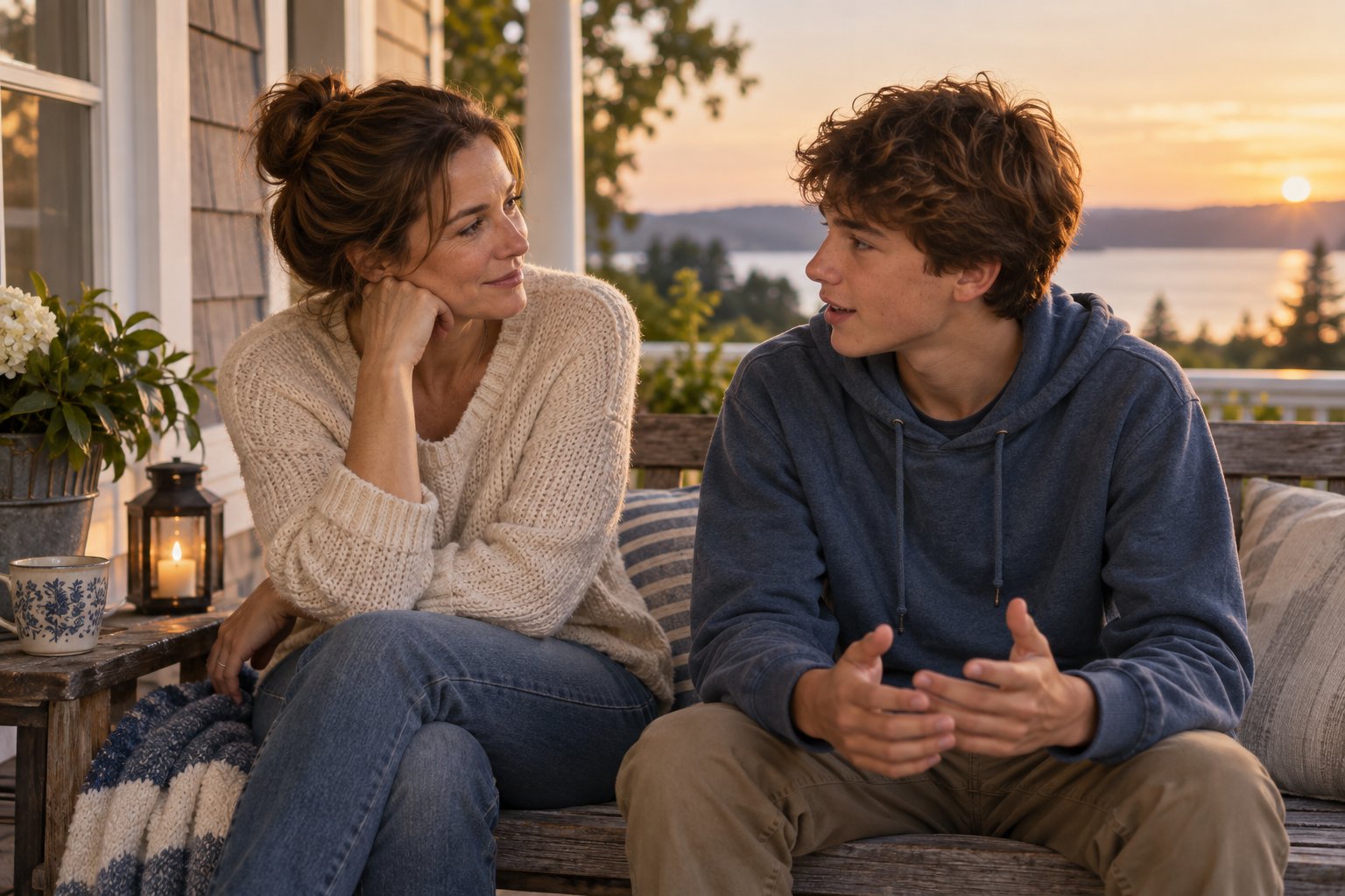 Illustration of a mother listening to her teenage son on a porch bench