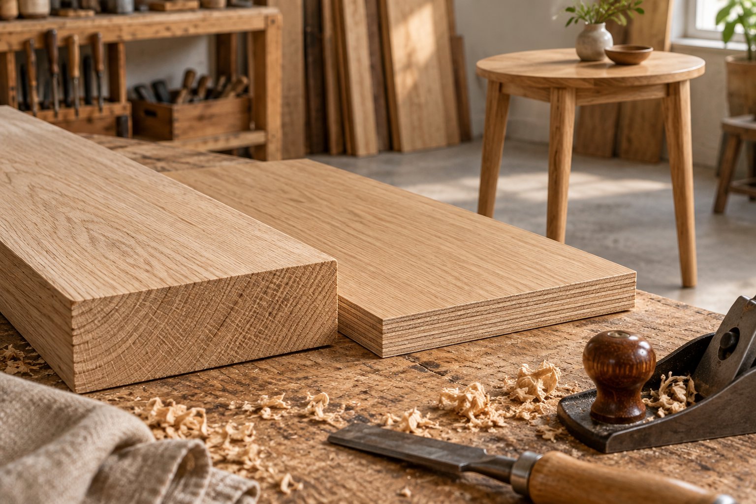 Illustration of a solid oak board beside oak-veneered plywood in a furniture workshop
