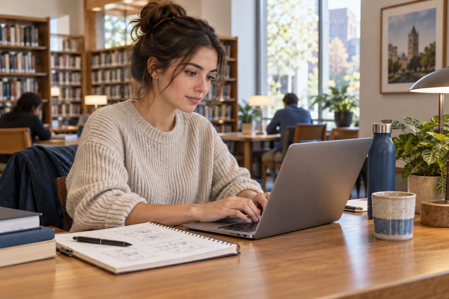 Illustration of an early-career job seeker preparing a resume at a library desk