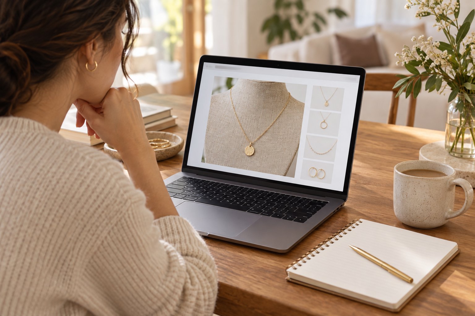 Illustration of a shopper comparing jewelry on a laptop beside a necklace and notebook