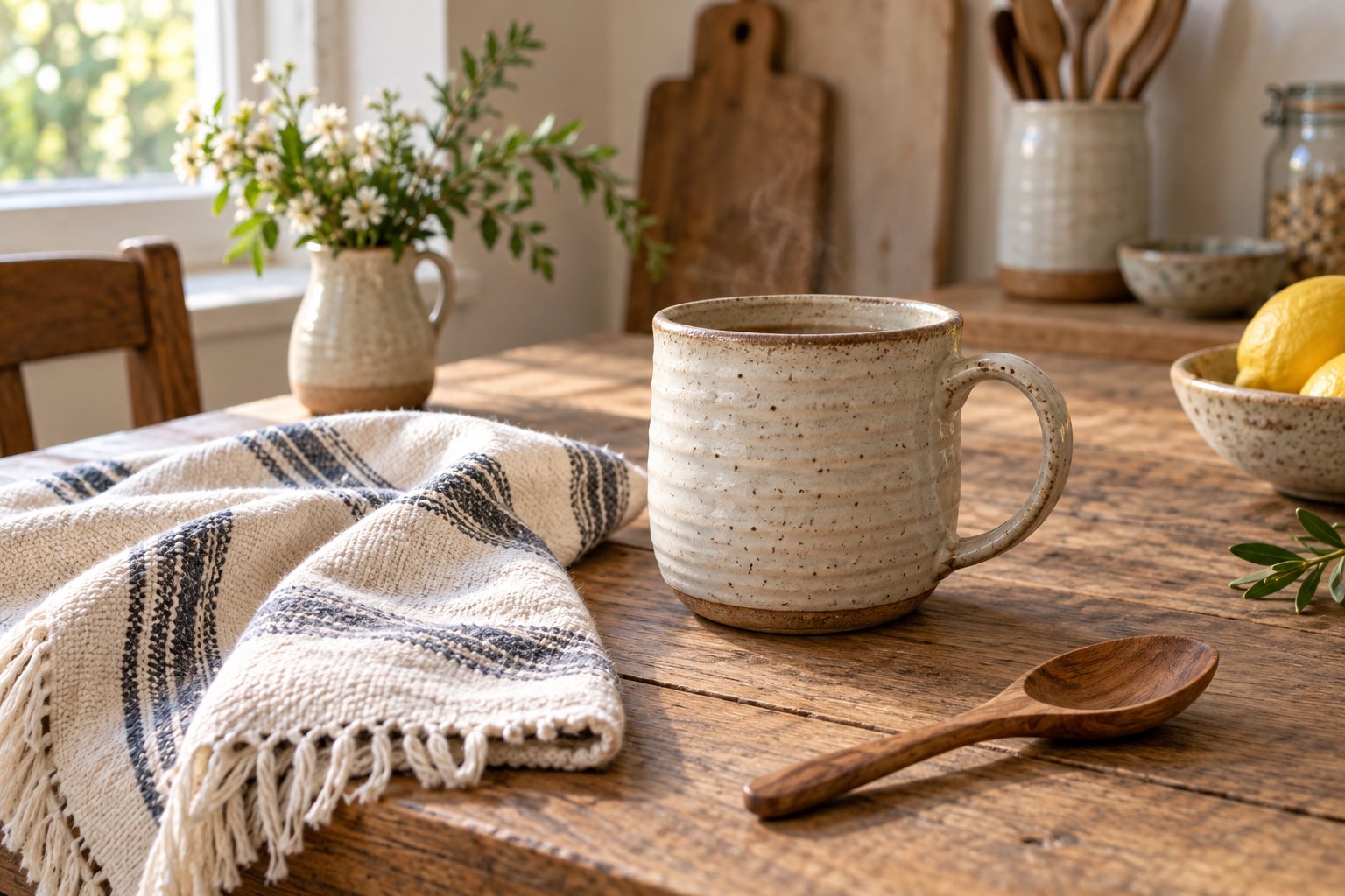 Illustration of a handmade ceramic mug, woven towel, and wooden spoon on a kitchen table