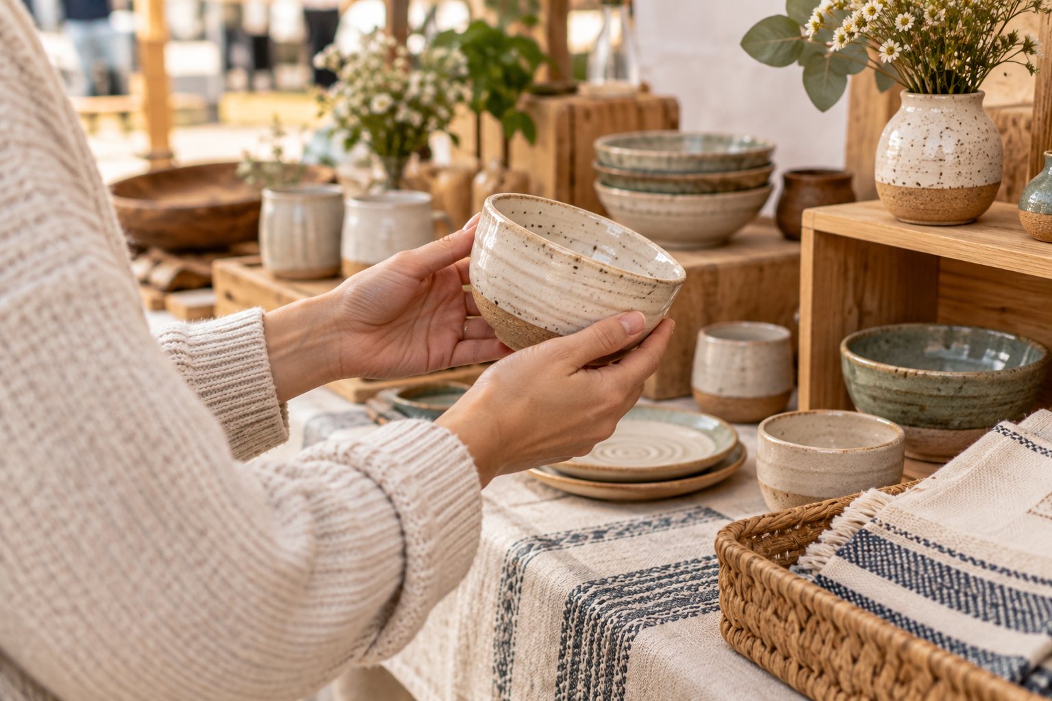 Illustration of a shopper examining a handmade bowl at a pottery market table