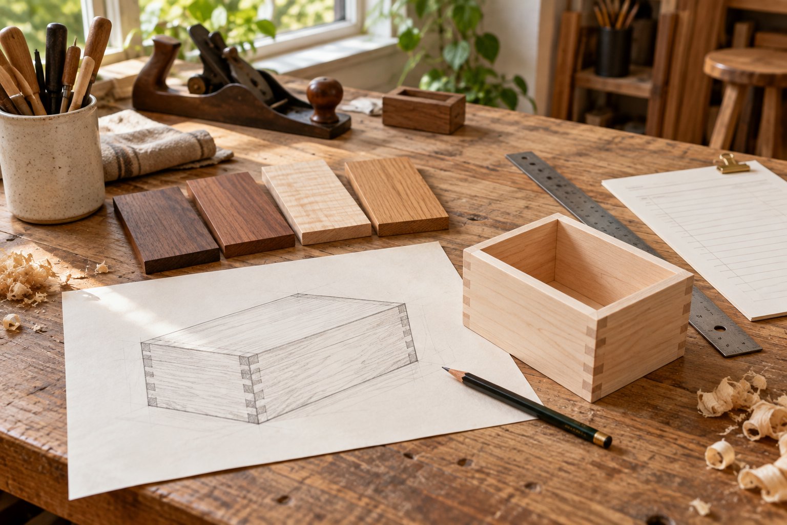 Illustration of a wooden keepsake box, design sketch, wood samples, and order sheet