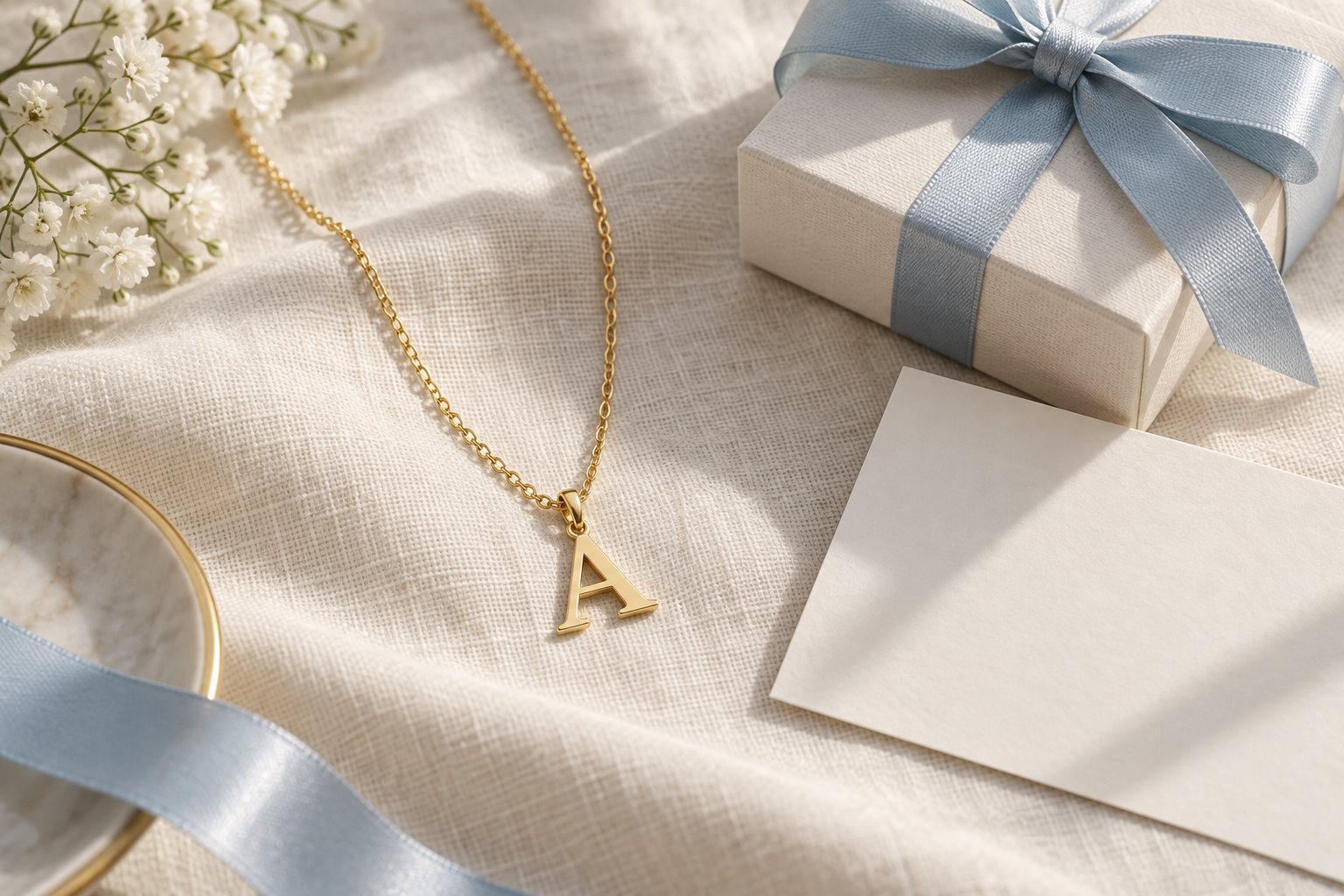 Illustration of a gold initial pendant on ivory linen beside a gift box