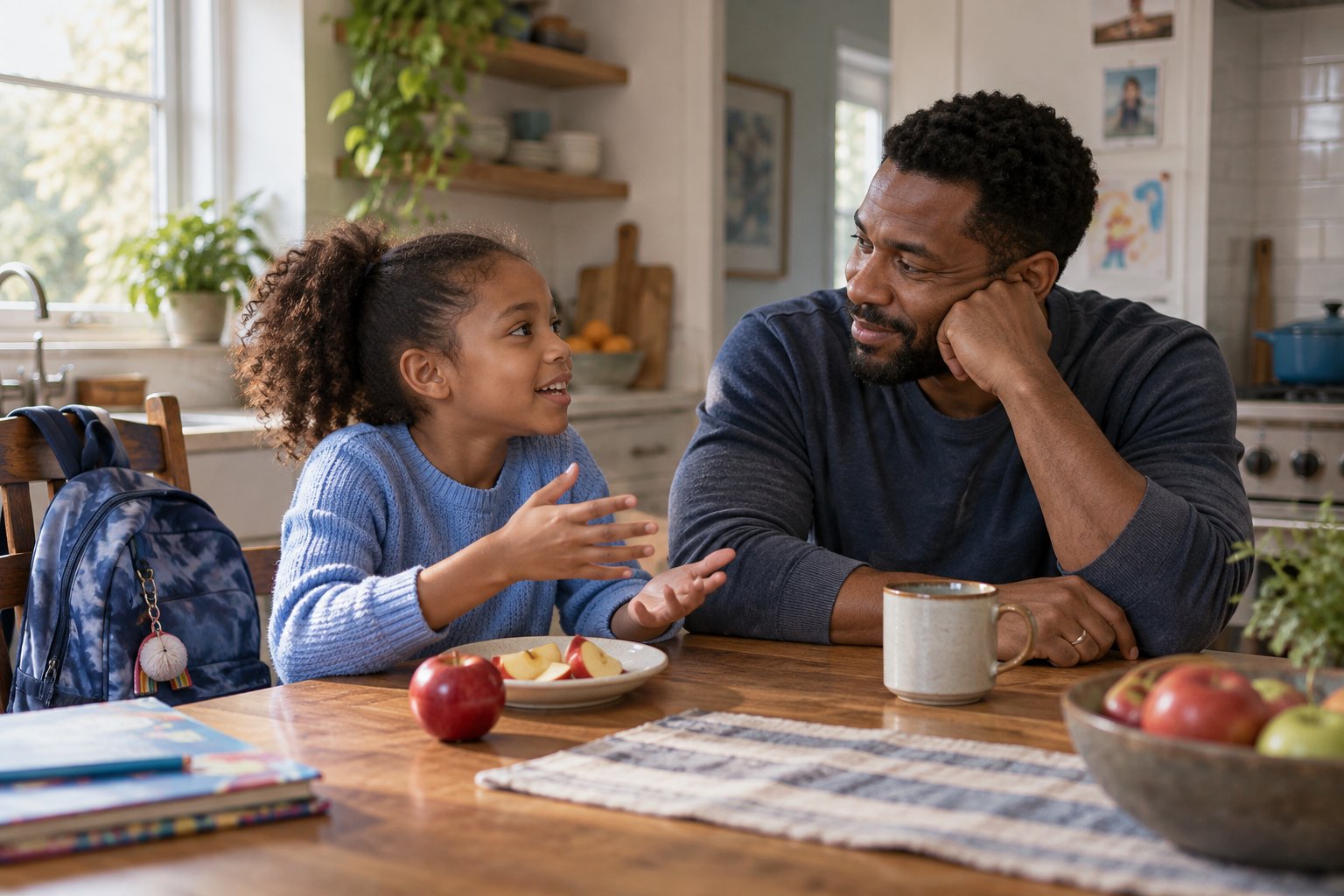 Illustration of a father listening to his daughter at a kitchen table after school