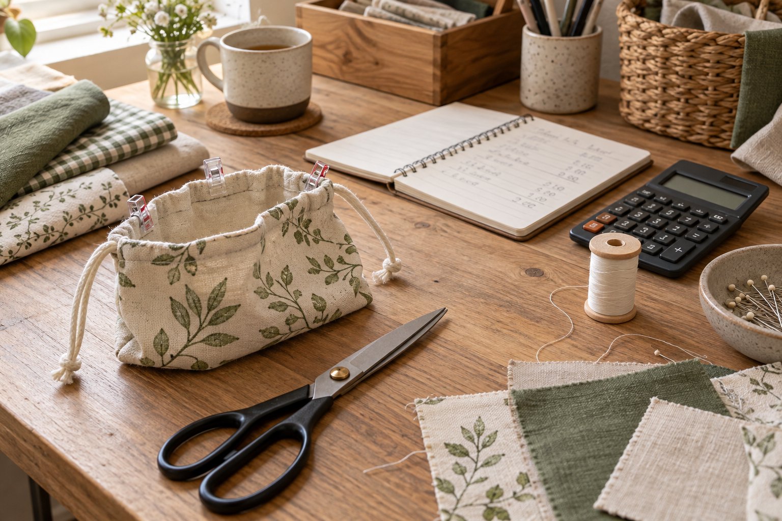 Illustration of a fabric pouch, sewing materials, notebook, and calculator on a maker's workbench