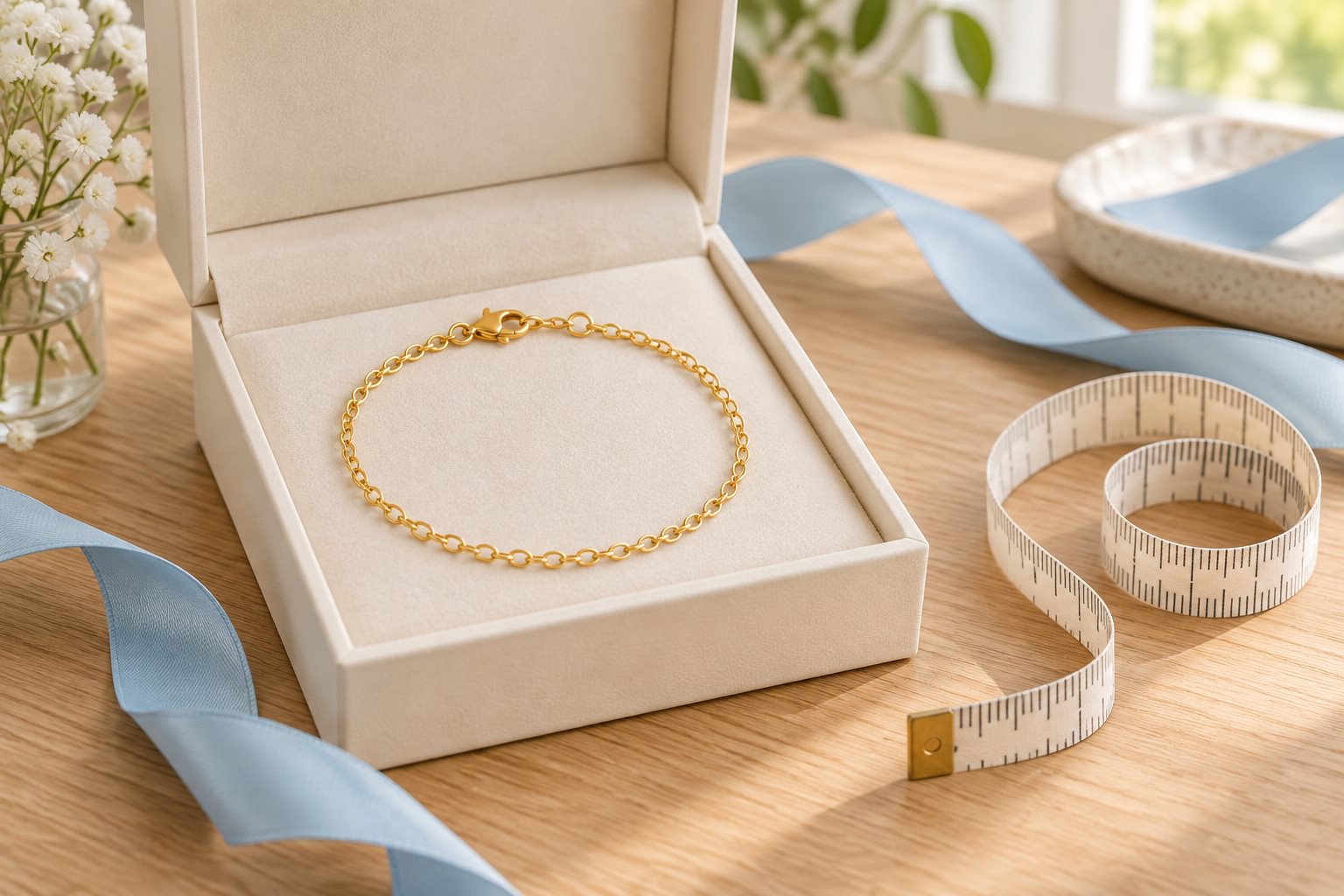 Illustration of a gold bracelet in a cream gift box beside a measuring tape