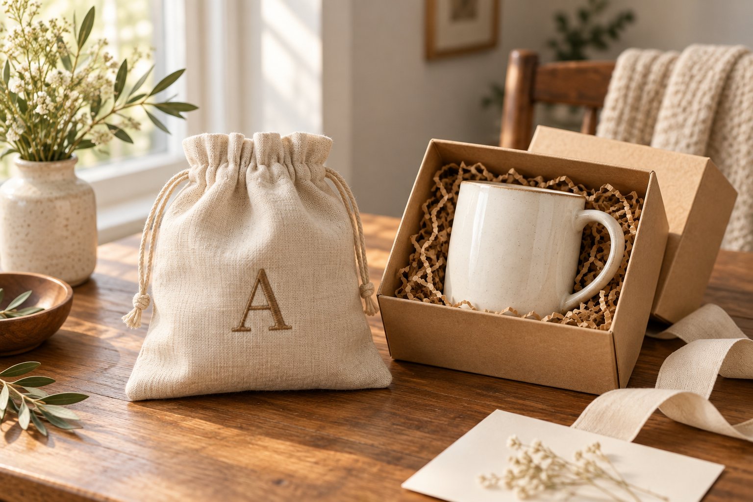 Illustration of an initial-embroidered pouch beside a ceramic mug in a gift box