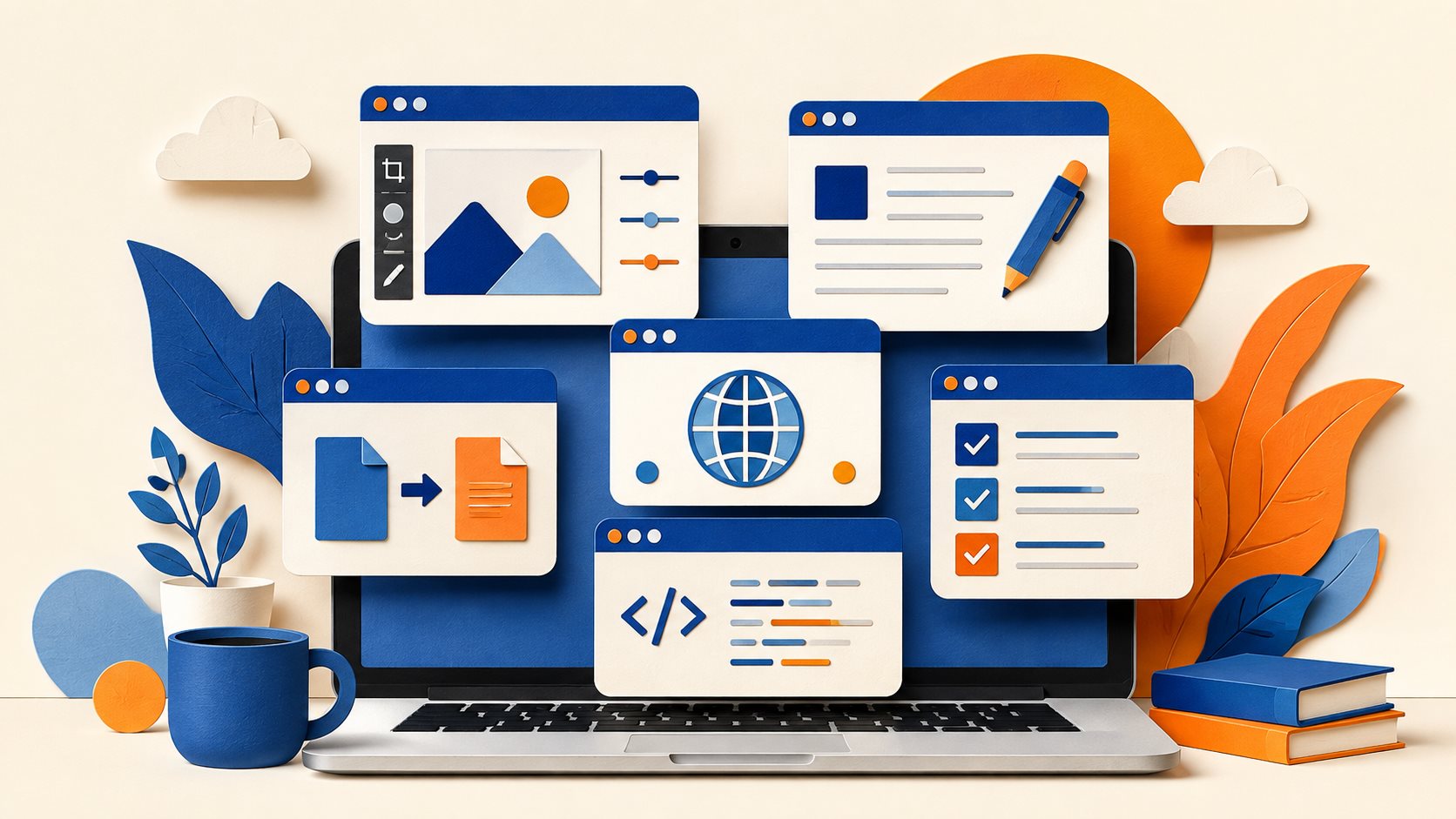 Blue and orange illustration of a laptop with browser windows for writing, images, documents and code.