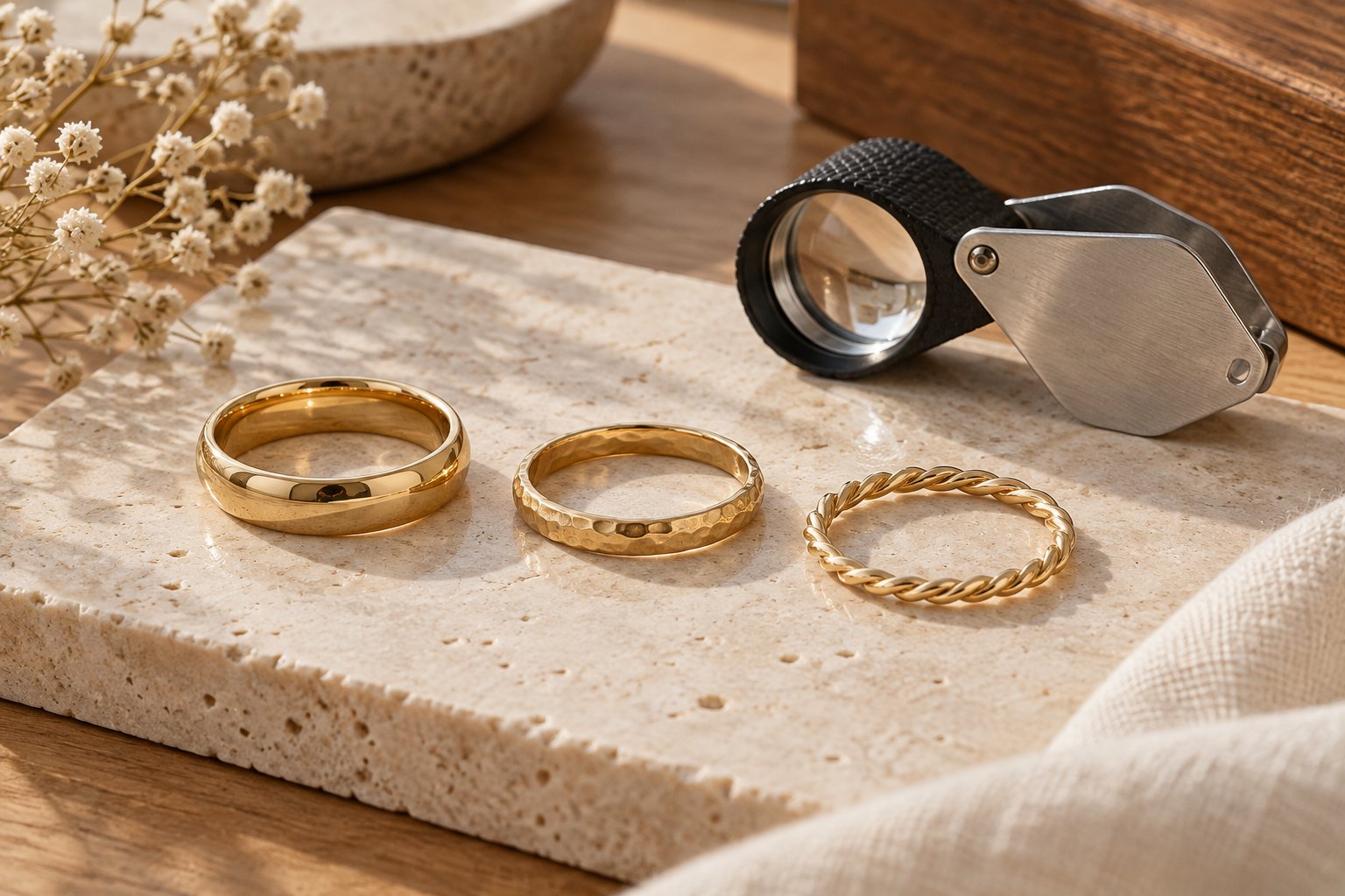 Illustration of three gold-toned rings beside a jeweler's loupe on pale stone