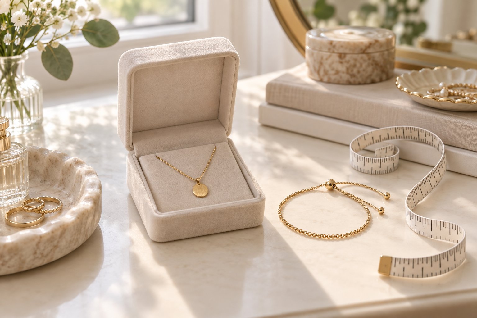 Illustration of a pendant necklace, adjustable bracelet, and measuring tape on a dressing table