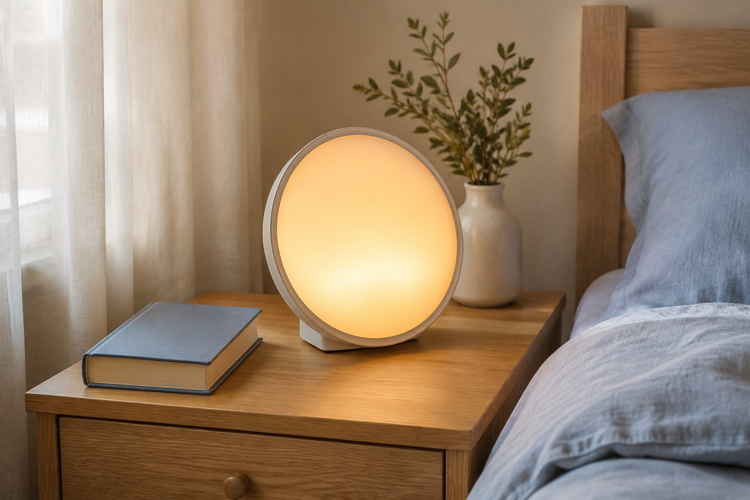 A sunrise alarm lamp glowing warmly on a bedside table beside blue bedding.