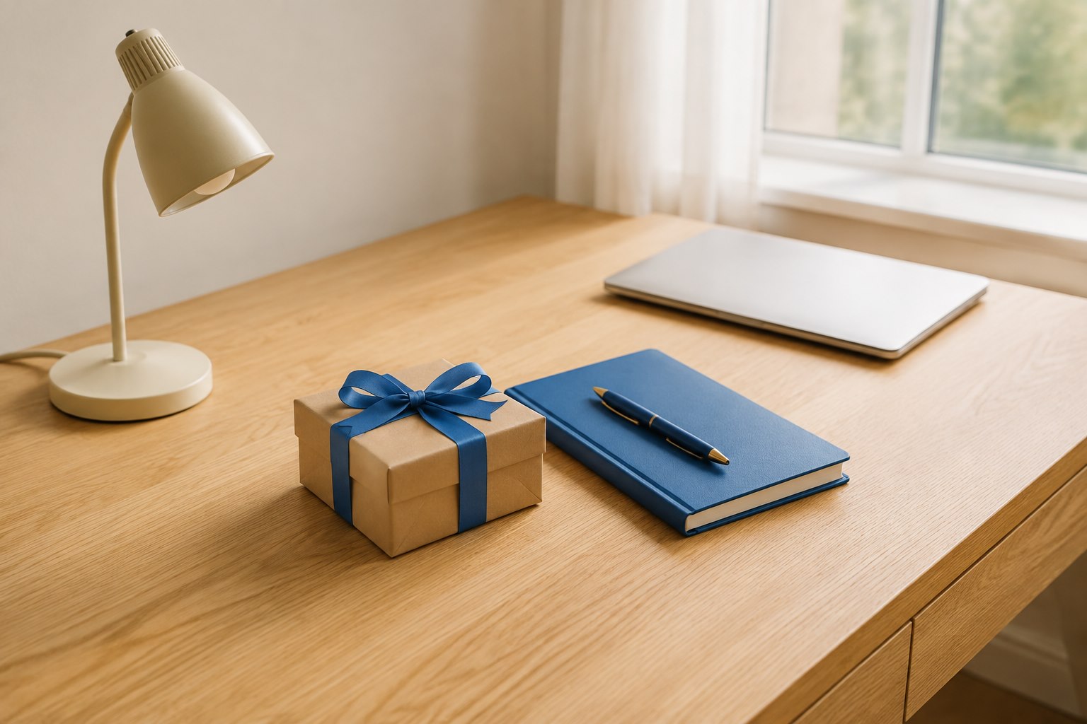 A small wrapped gift, blue notebook and pen on an uncluttered wooden desk.
