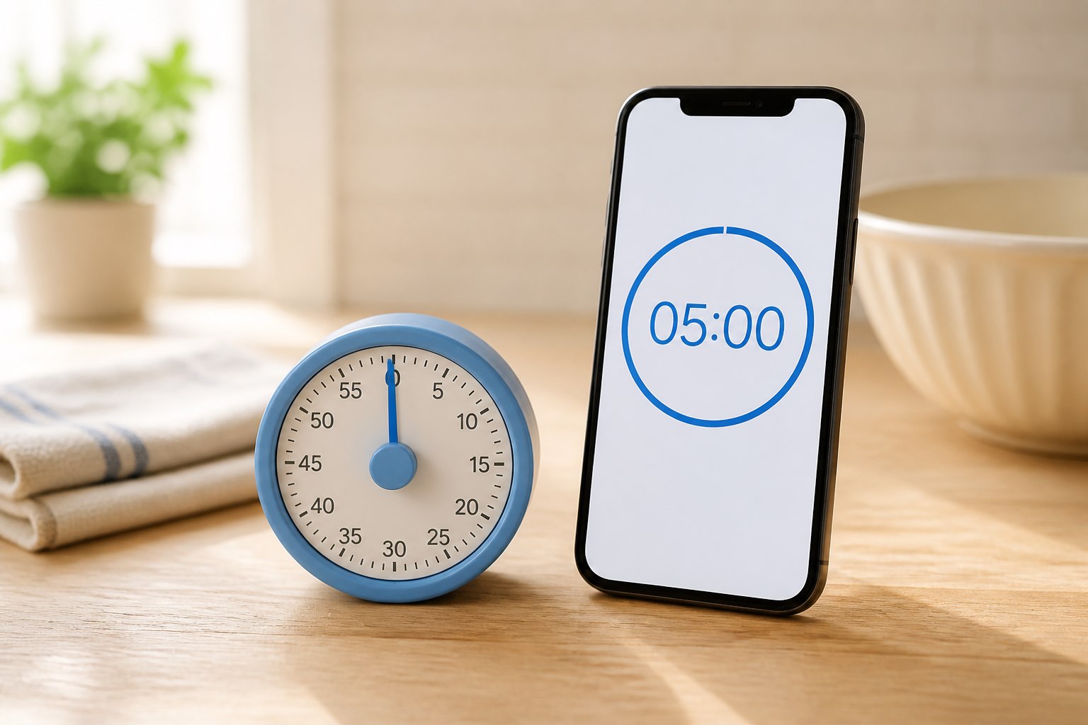 Blue kitchen timer beside a smartphone displaying a five-minute countdown.