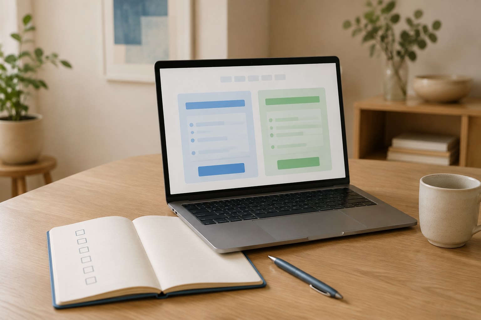 A laptop displaying a simplified comparison screen beside a notebook checklist.