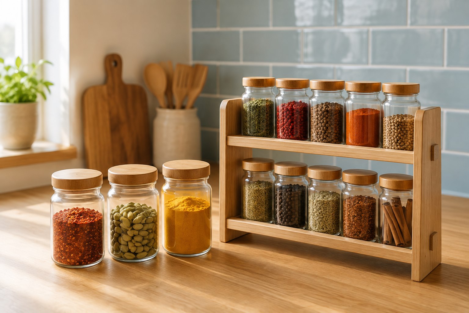 Glass spice jars beside a two-tier wooden spice rack on a kitchen counter.