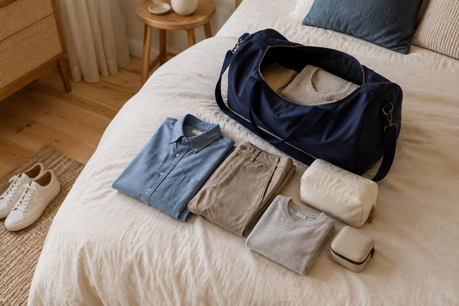 An open navy weekend bag with a small selection of folded clothes and travel pouches.