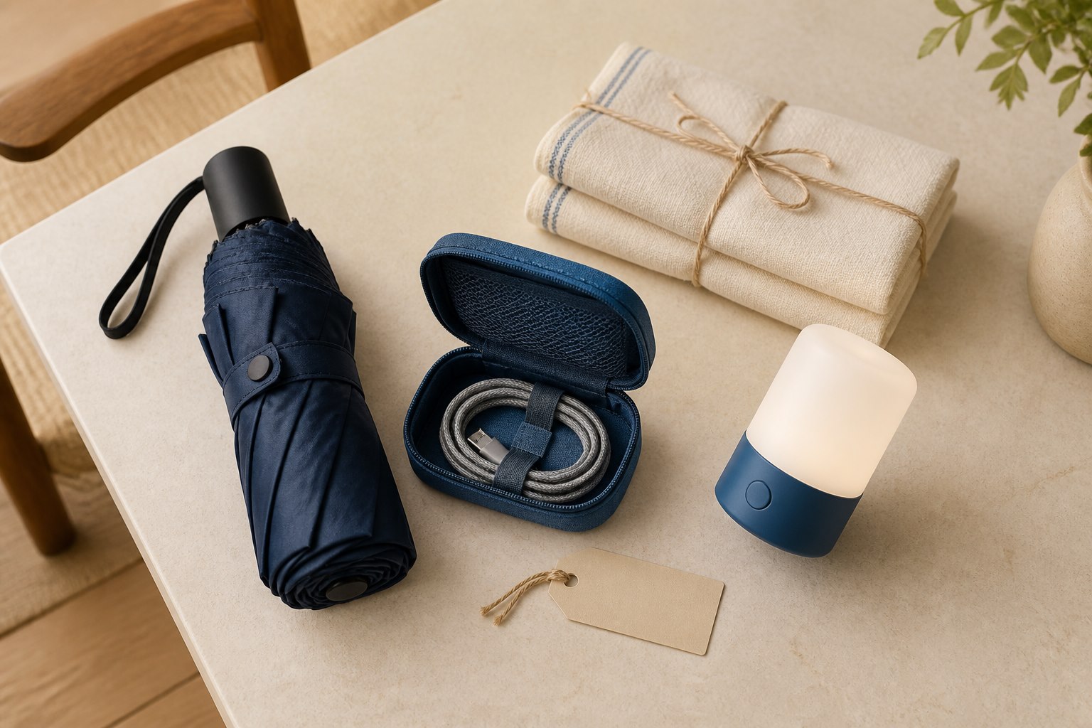 Compact umbrella, cable organizer, kitchen towels and a small task light arranged as practical gifts.