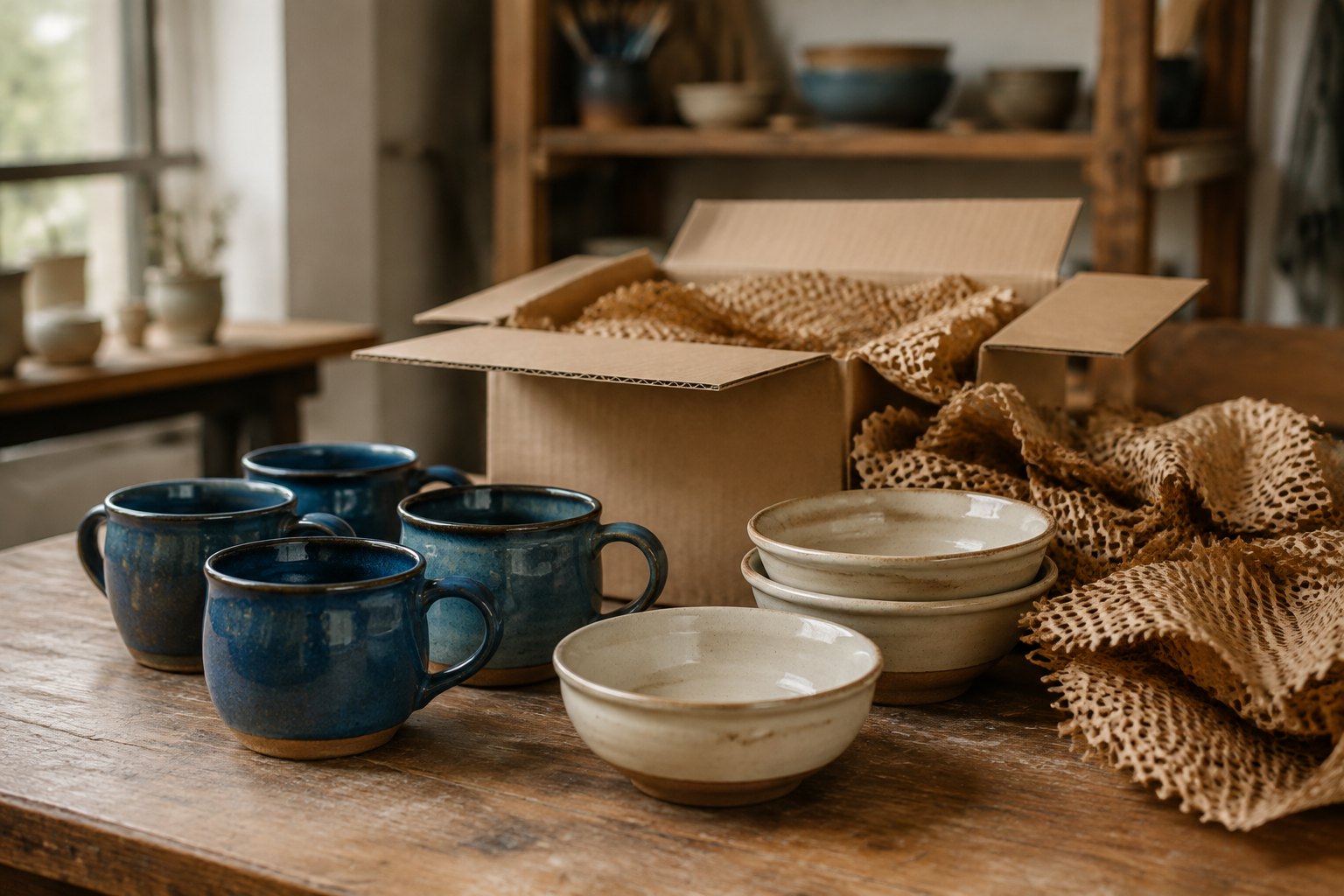 Blue handmade mugs and cream ceramic bowls beside a box and protective packing paper.