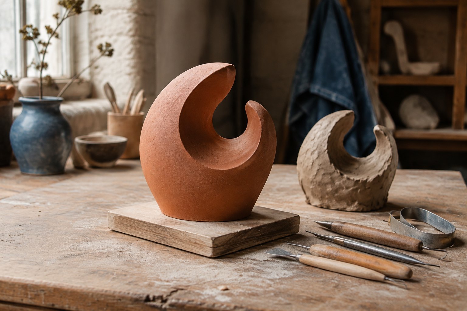 An abstract terracotta sculpture and an unfinished clay study on a sculptor's workbench.