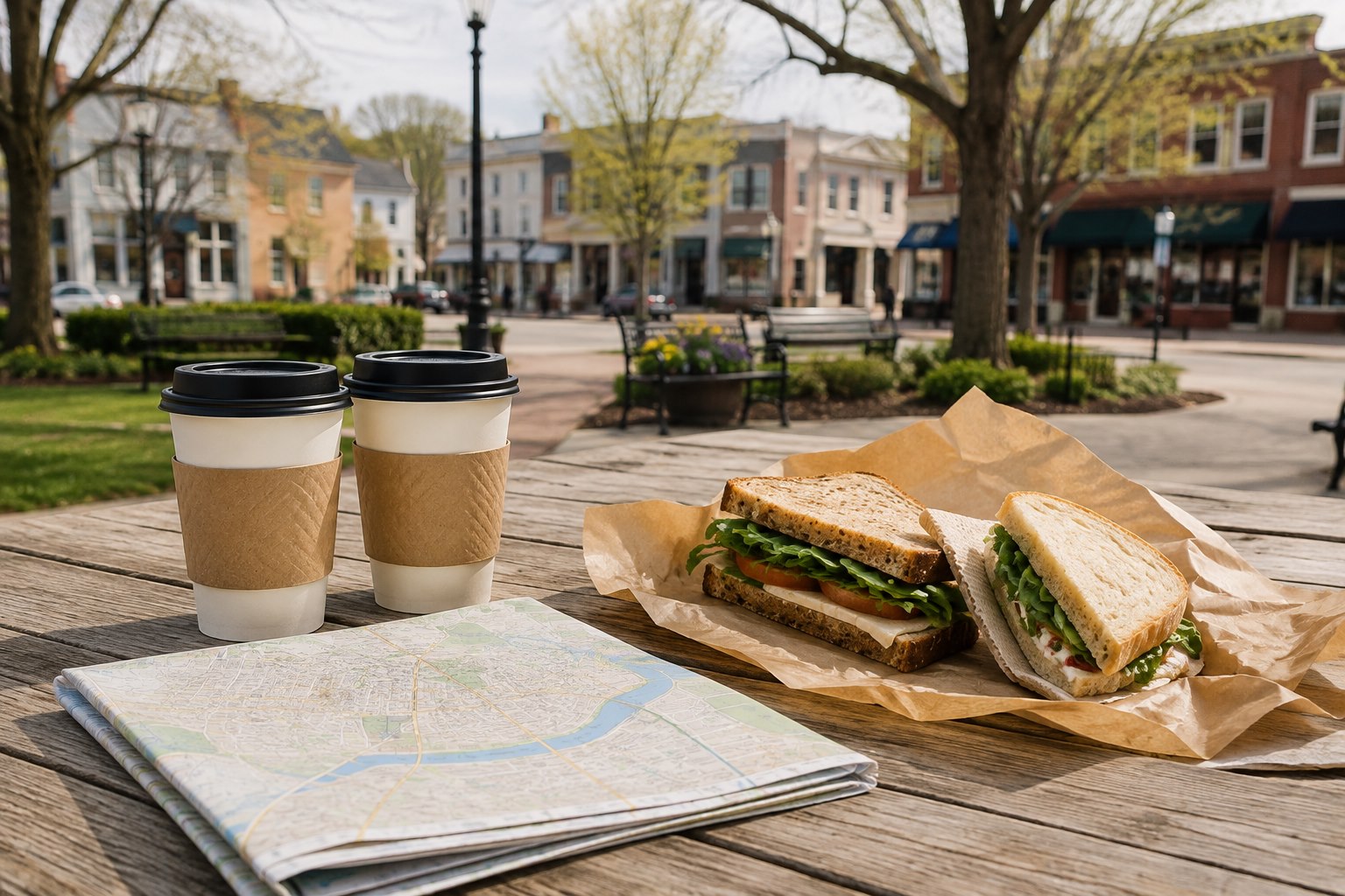 Two sandwiches, coffee cups and a map on a table in a town park.