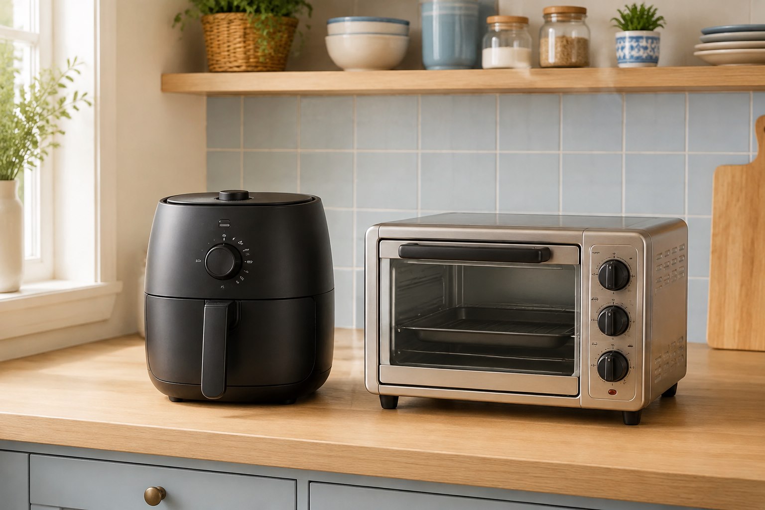 An air fryer and toaster oven side by side on a kitchen counter.
