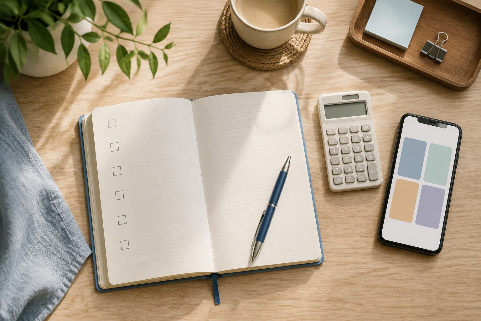 Notebook checklist, calculator and phone arranged on a wooden desk.