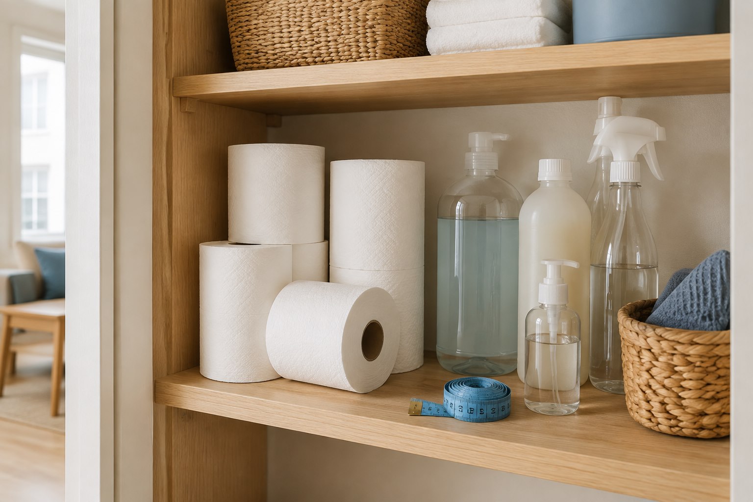 Household supplies and a measuring tape on a compact storage shelf.
