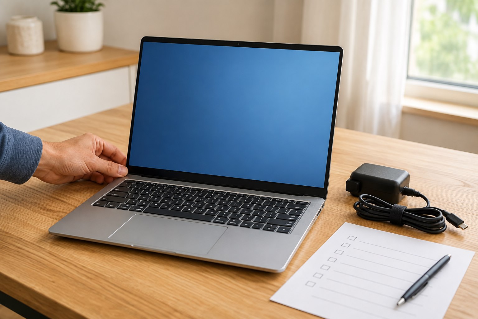 A laptop, charger and inspection checklist on a wooden desk.
