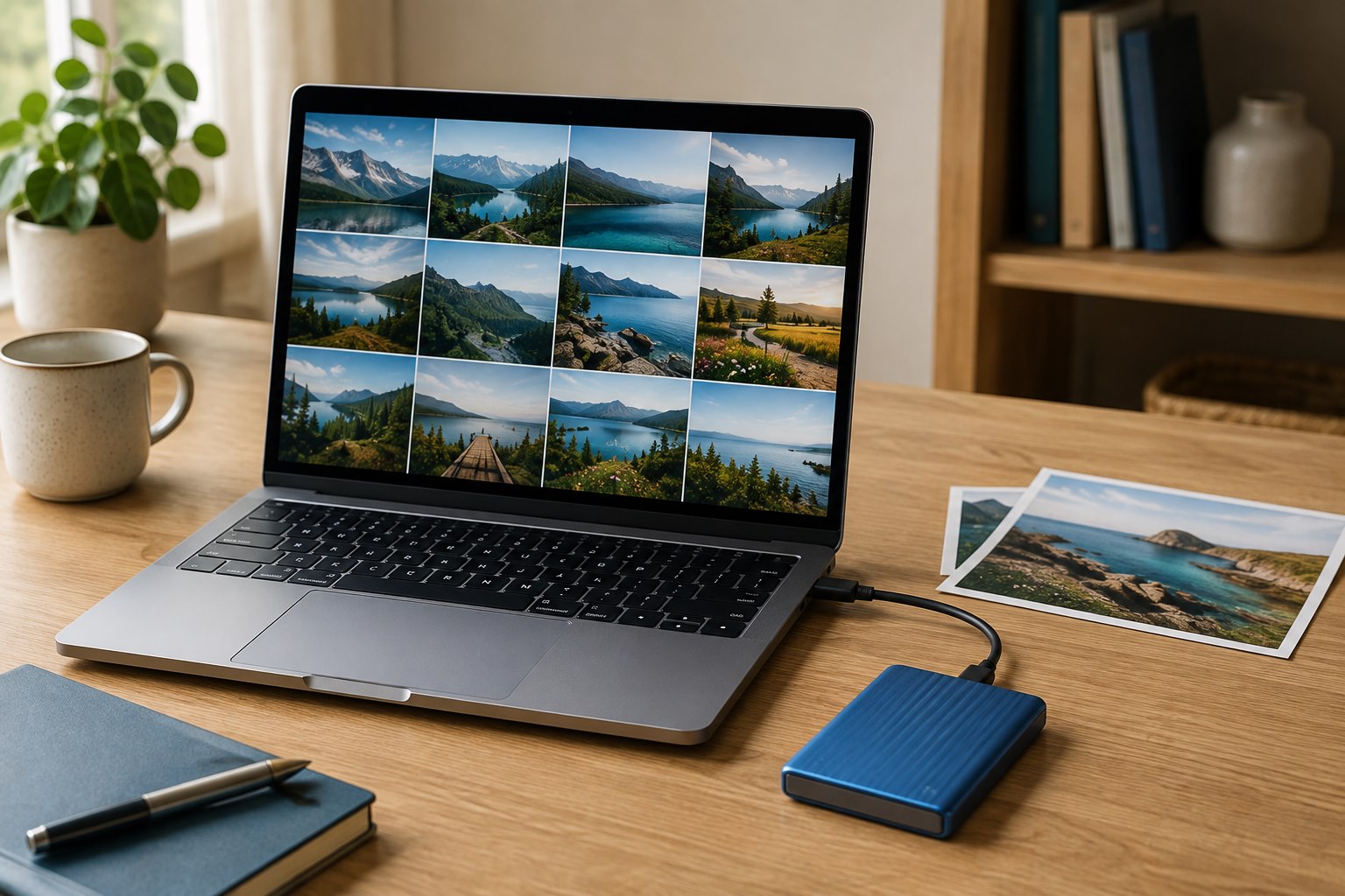 A laptop displaying photos connected to a blue external drive.