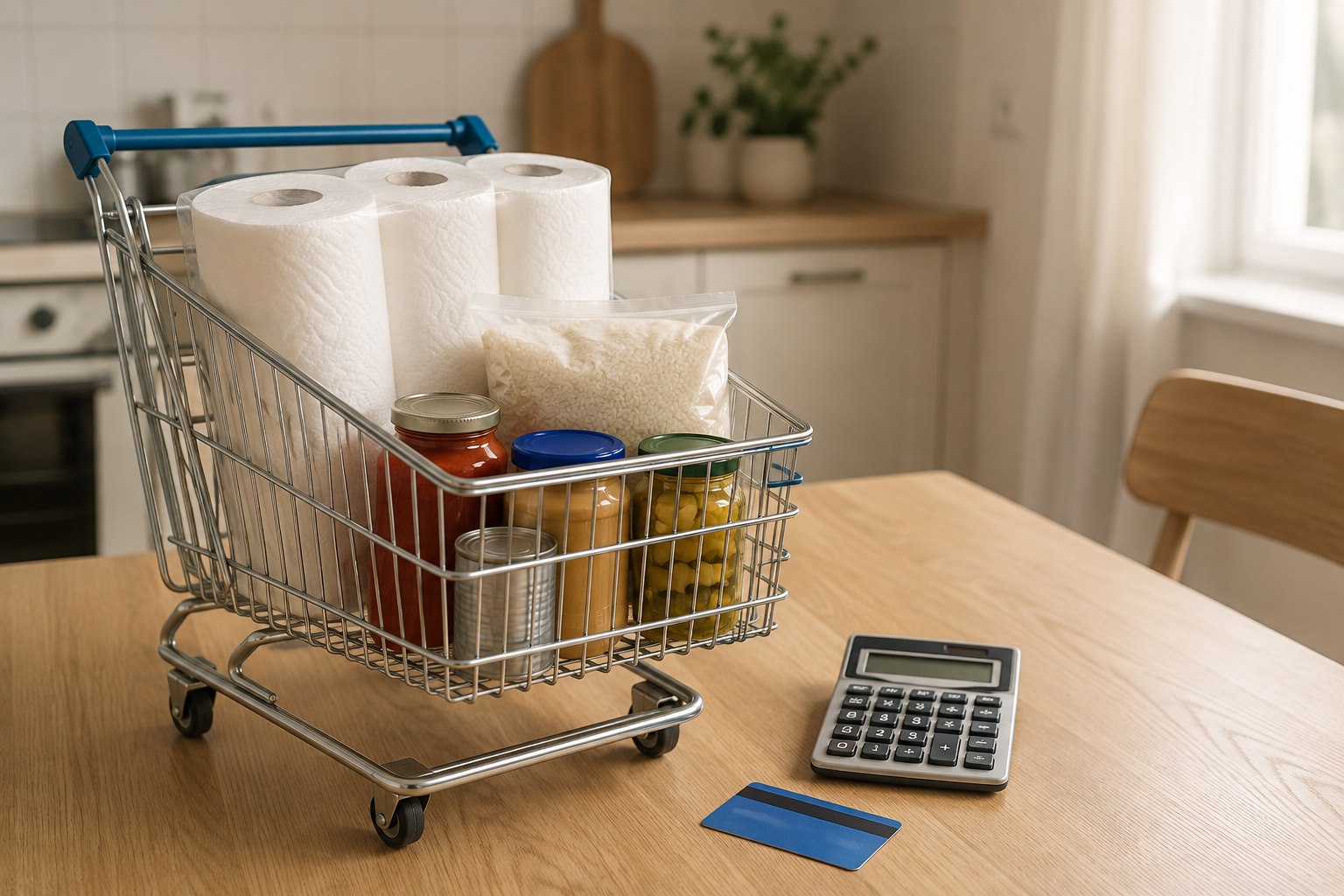 Bulk groceries in a small cart beside a calculator and blue membership card.