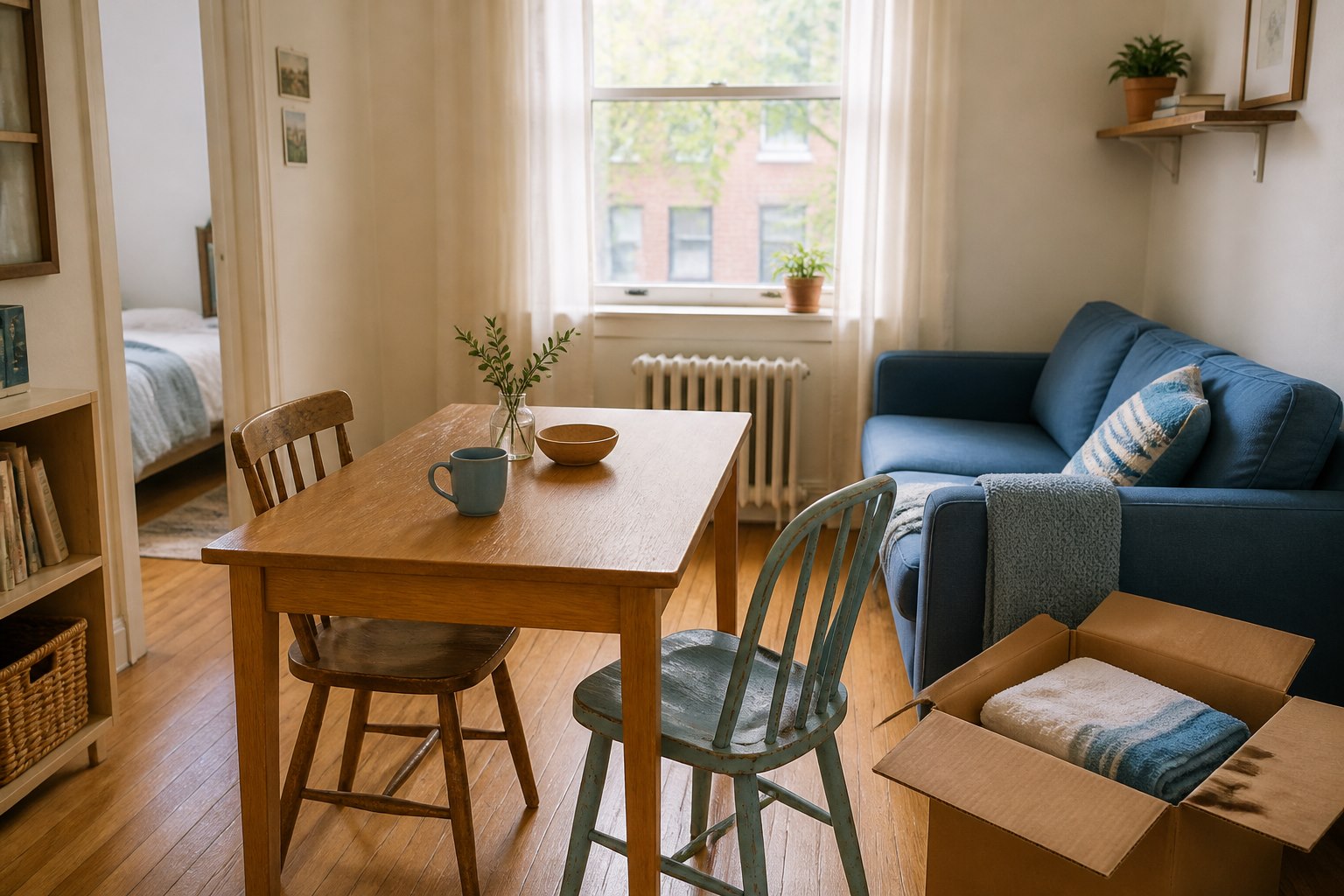 A modest first apartment with a wooden table, blue sofa and moving box.