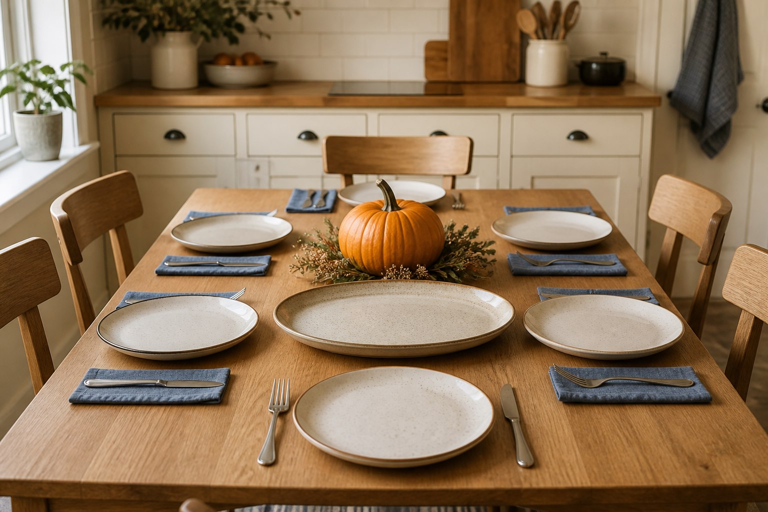 A simple Thanksgiving table with blue napkins, plates and a pumpkin.