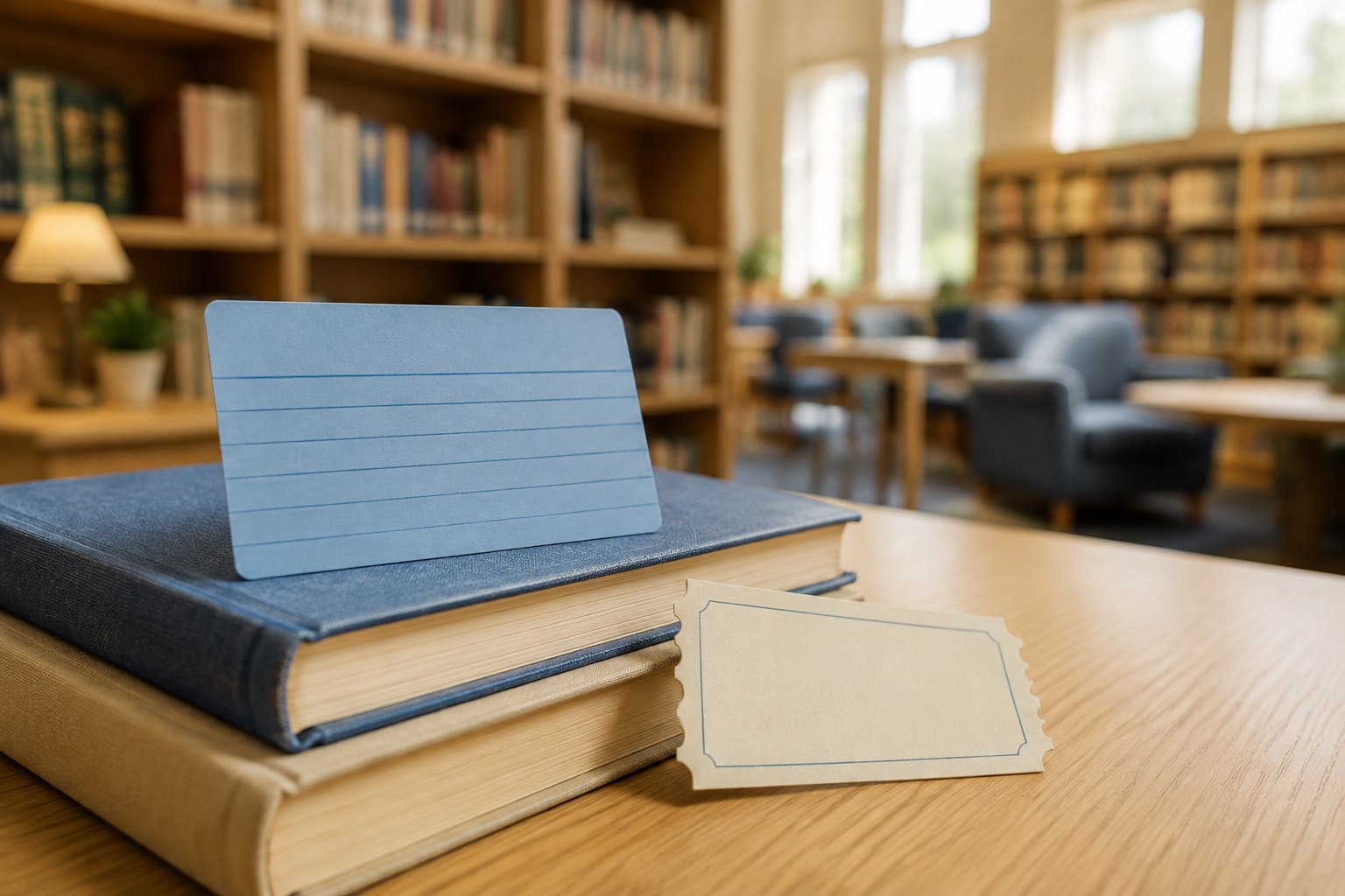 Library books with a blue card and a blank museum ticket.