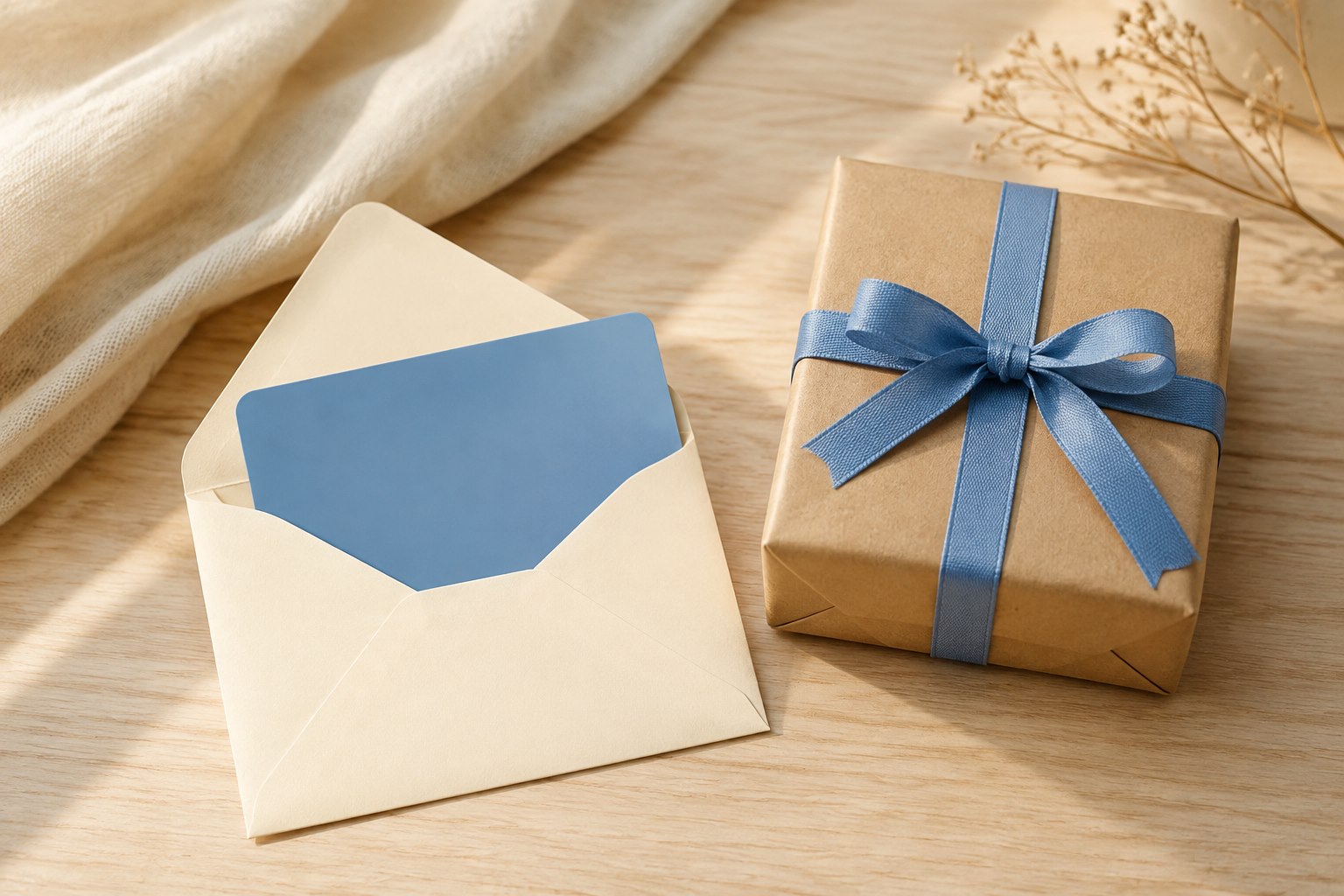 A plain blue gift card and a wrapped present with a blue ribbon.