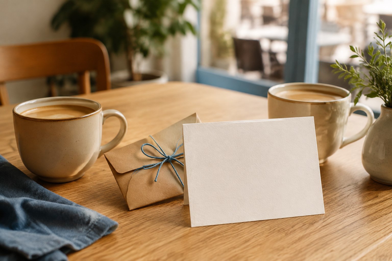 Two cups of coffee beside a simple card and small wrapped envelope.