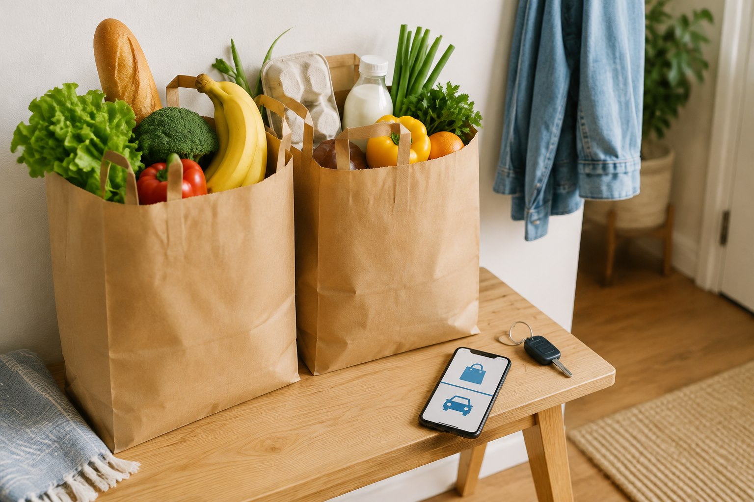 Grocery bags on an entry bench beside a phone and car keys.
