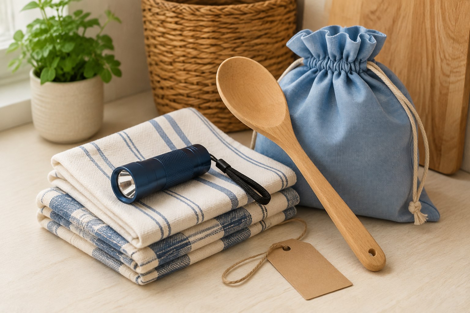 Kitchen towels, a flashlight and a wooden spoon arranged as small gifts.