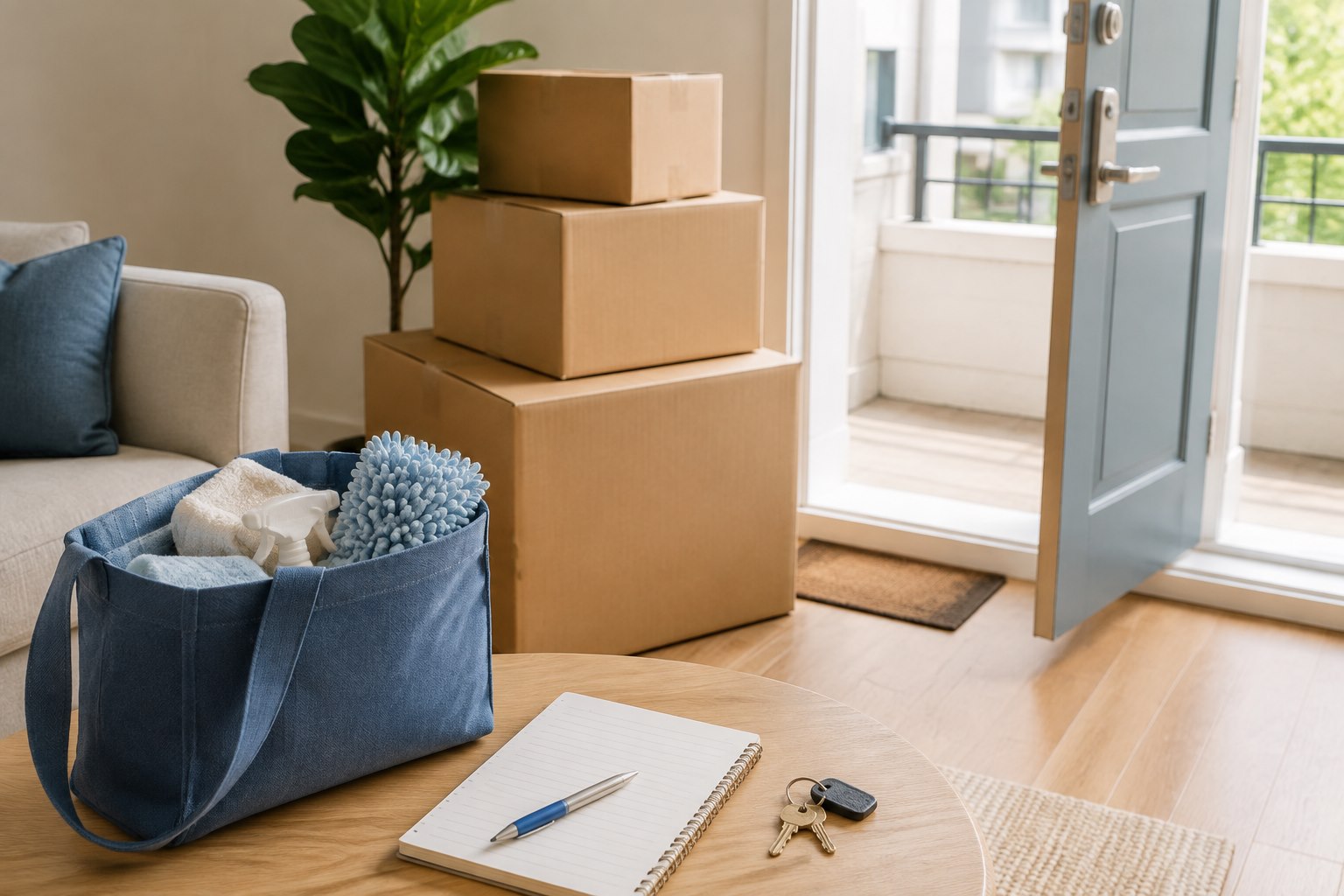 Moving boxes, keys, cleaning supplies and a notebook in an apartment.