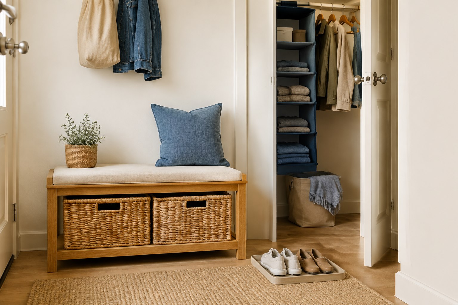 An entry bench with baskets beside a hanging closet organizer.