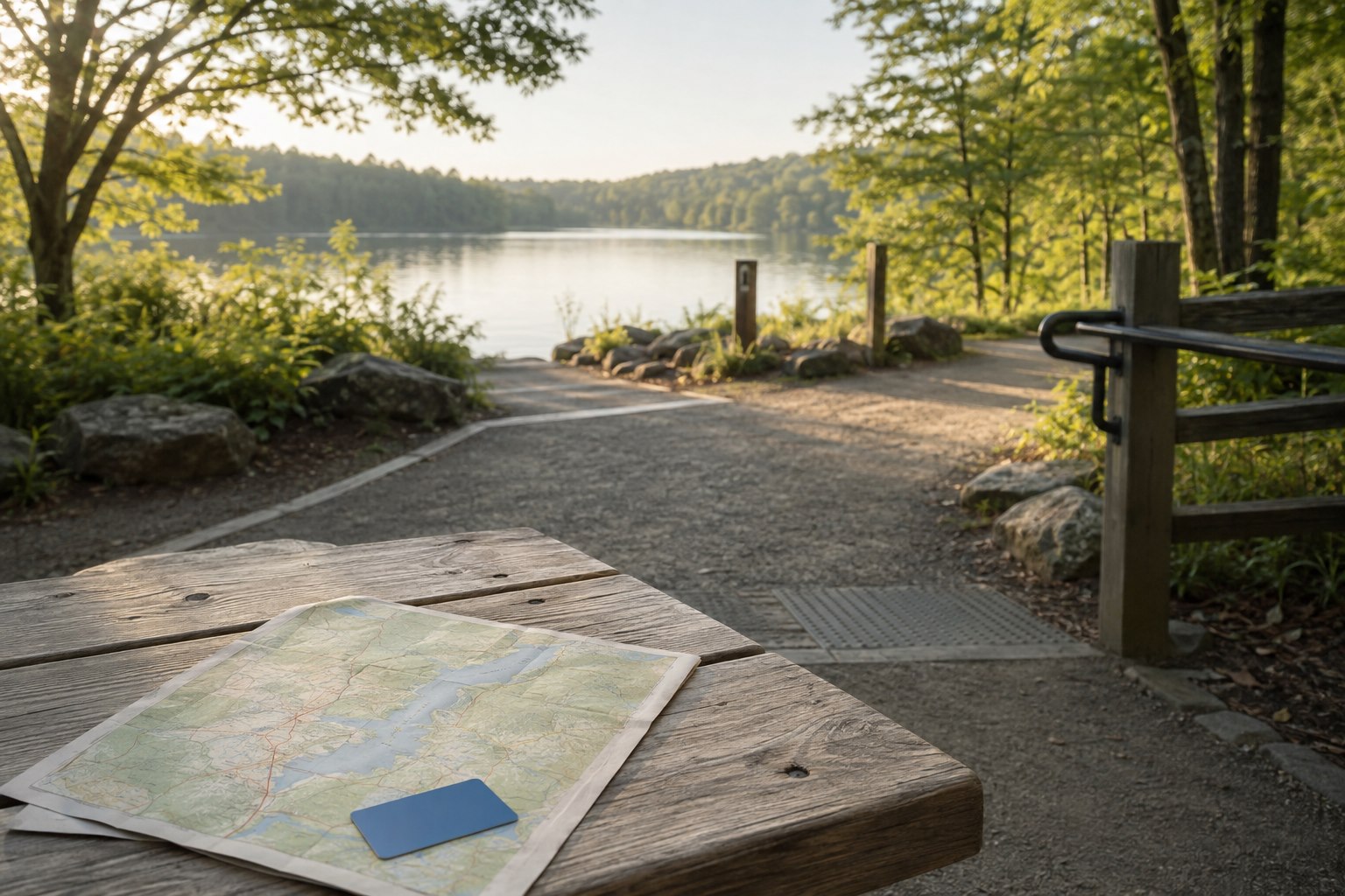 A map and plain pass card on a picnic table overlooking a wooded lake.